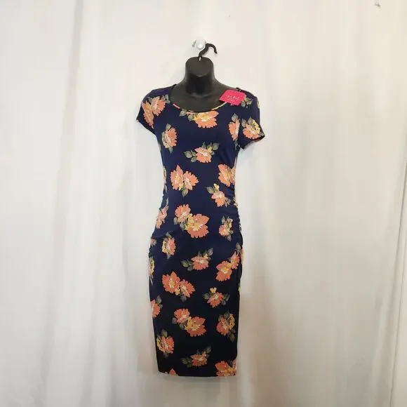 ISABEL by INGRID & ISABEL Navy Peach Floral Bodycon Maternity Dress Small S NEW - Picture 3 of 10